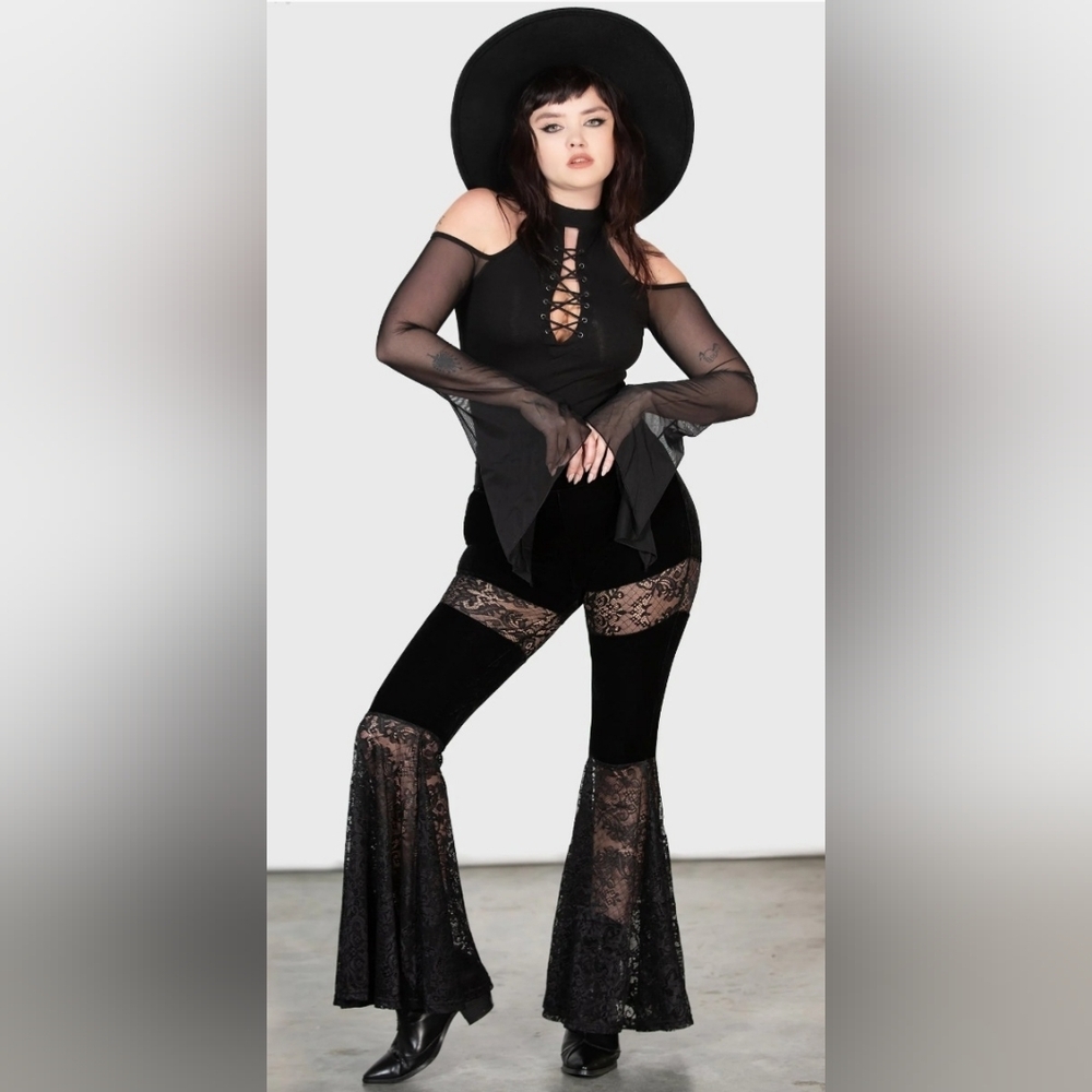 Killstar Black Lace Velvet Wide Leg Jumpsuit Pants